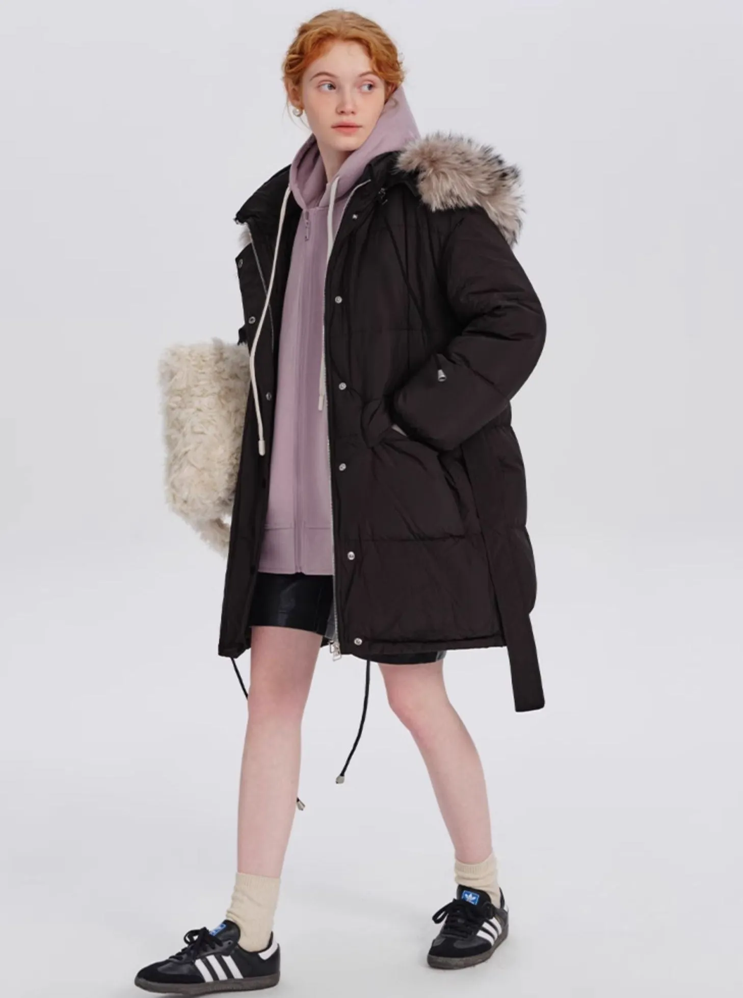 Loose Fur Collar Midi Down Jacket