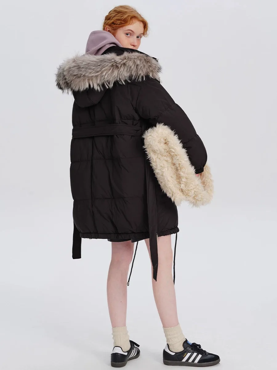 Loose Fur Collar Midi Down Jacket