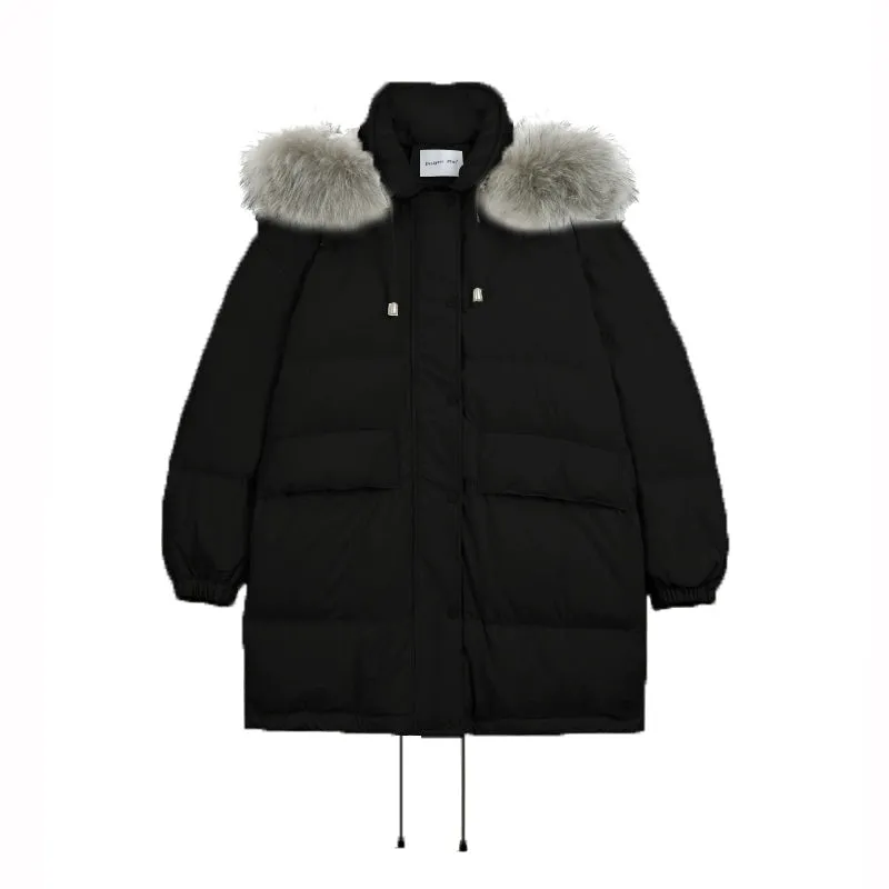 Loose Fur Collar Midi Down Jacket