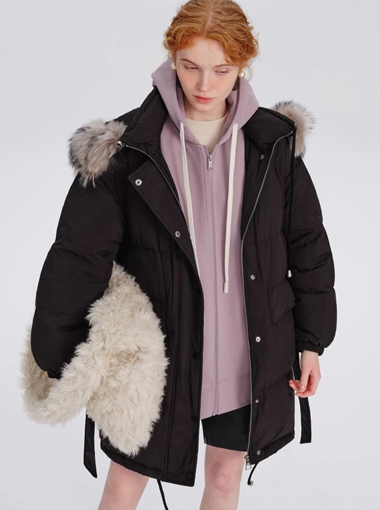 Loose Fur Collar Midi Down Jacket