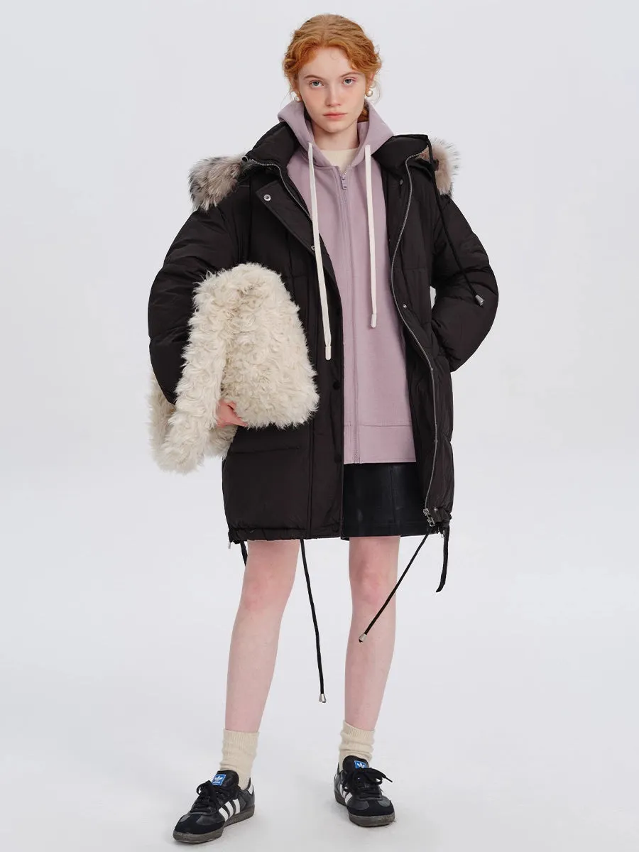 Loose Fur Collar Midi Down Jacket