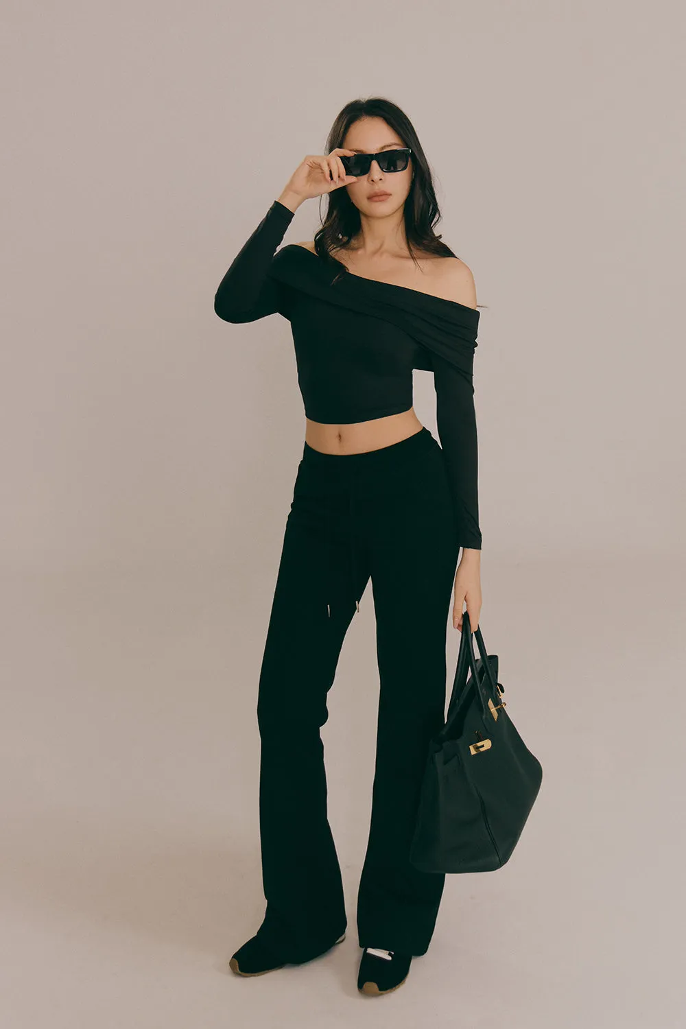 重磅抽繩長腿喇叭褲<br>Drawstring Flared Cotton Pants