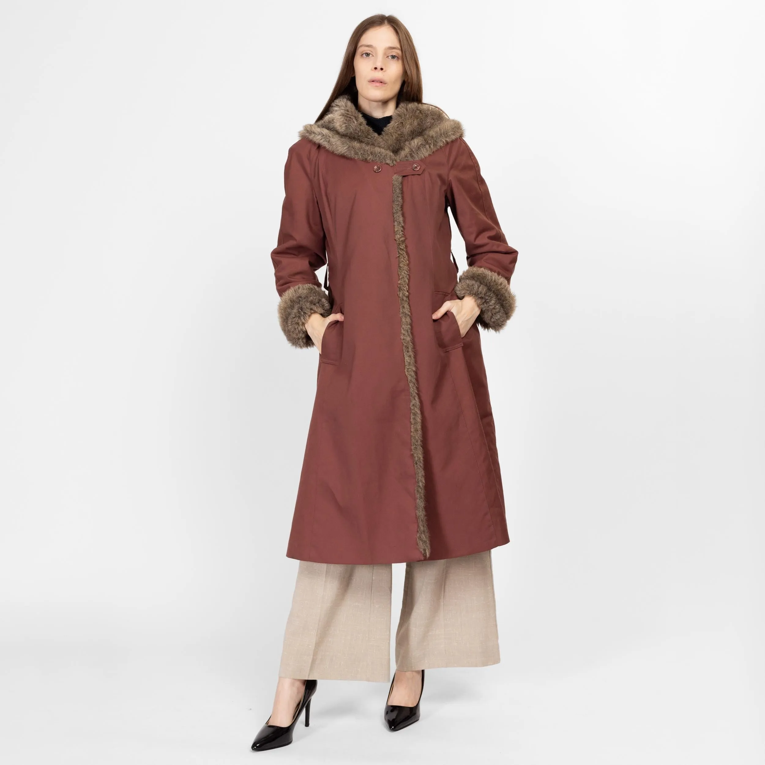 Medium 70s Mauve Hooded Faux Fur Trim Coat