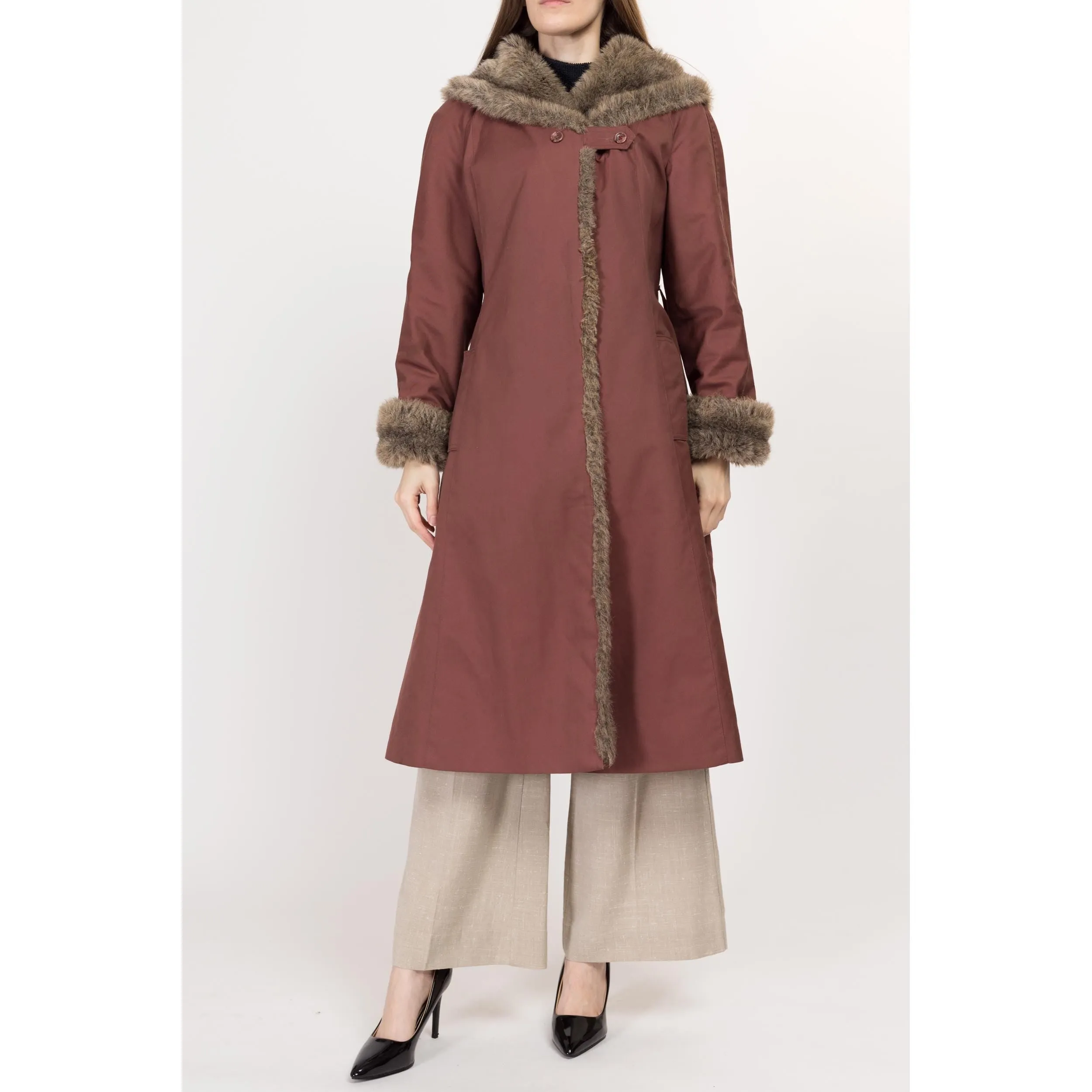 Medium 70s Mauve Hooded Faux Fur Trim Coat