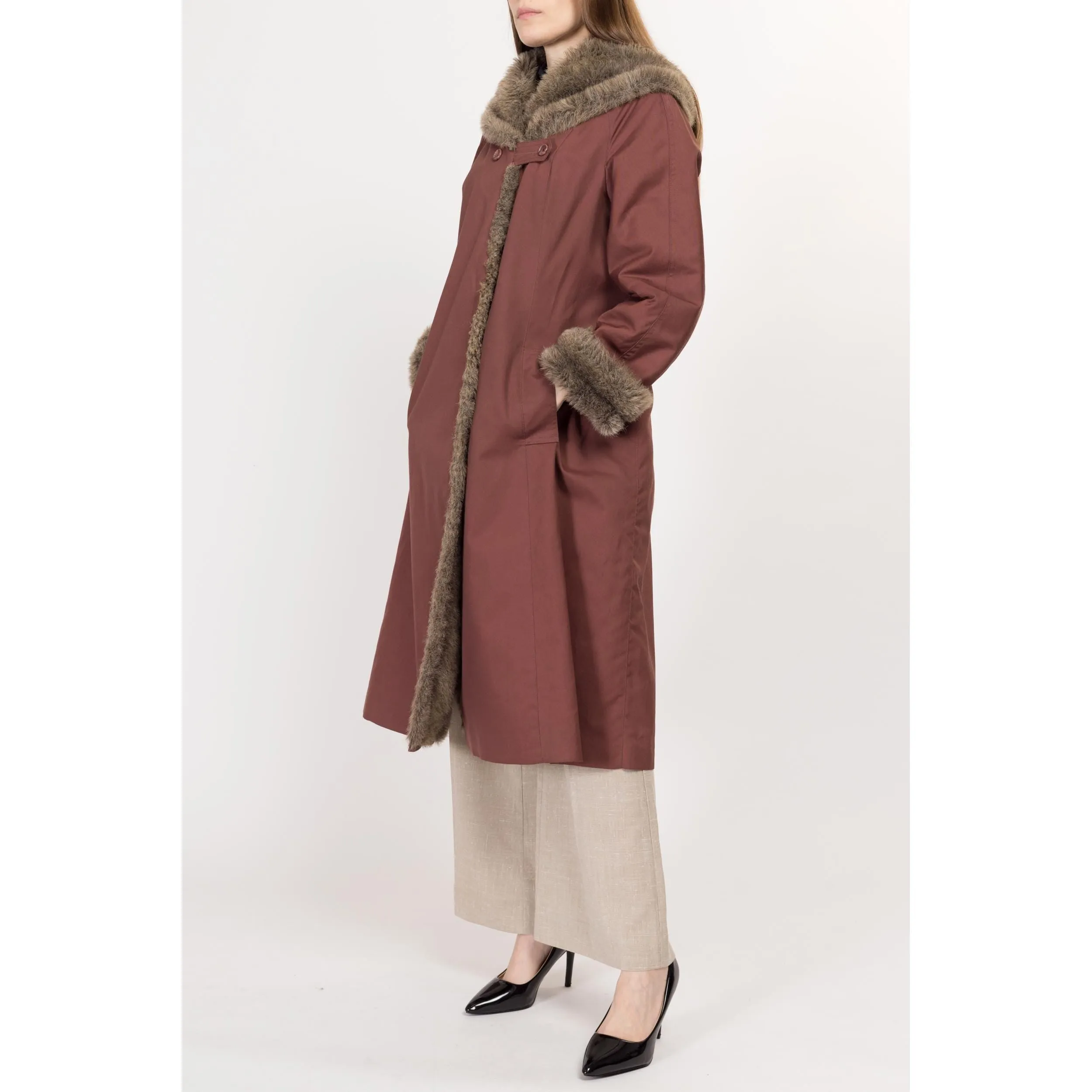 Medium 70s Mauve Hooded Faux Fur Trim Coat