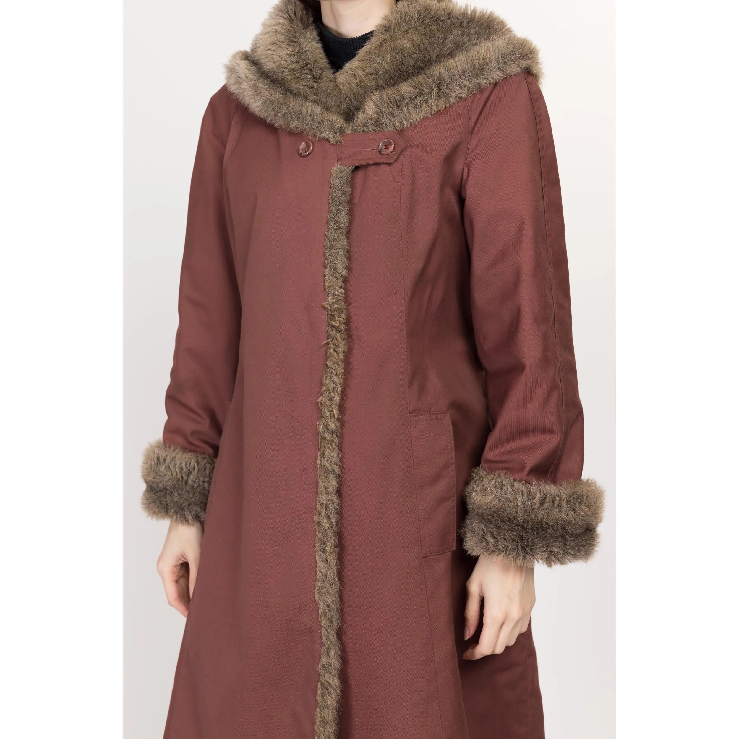 Medium 70s Mauve Hooded Faux Fur Trim Coat