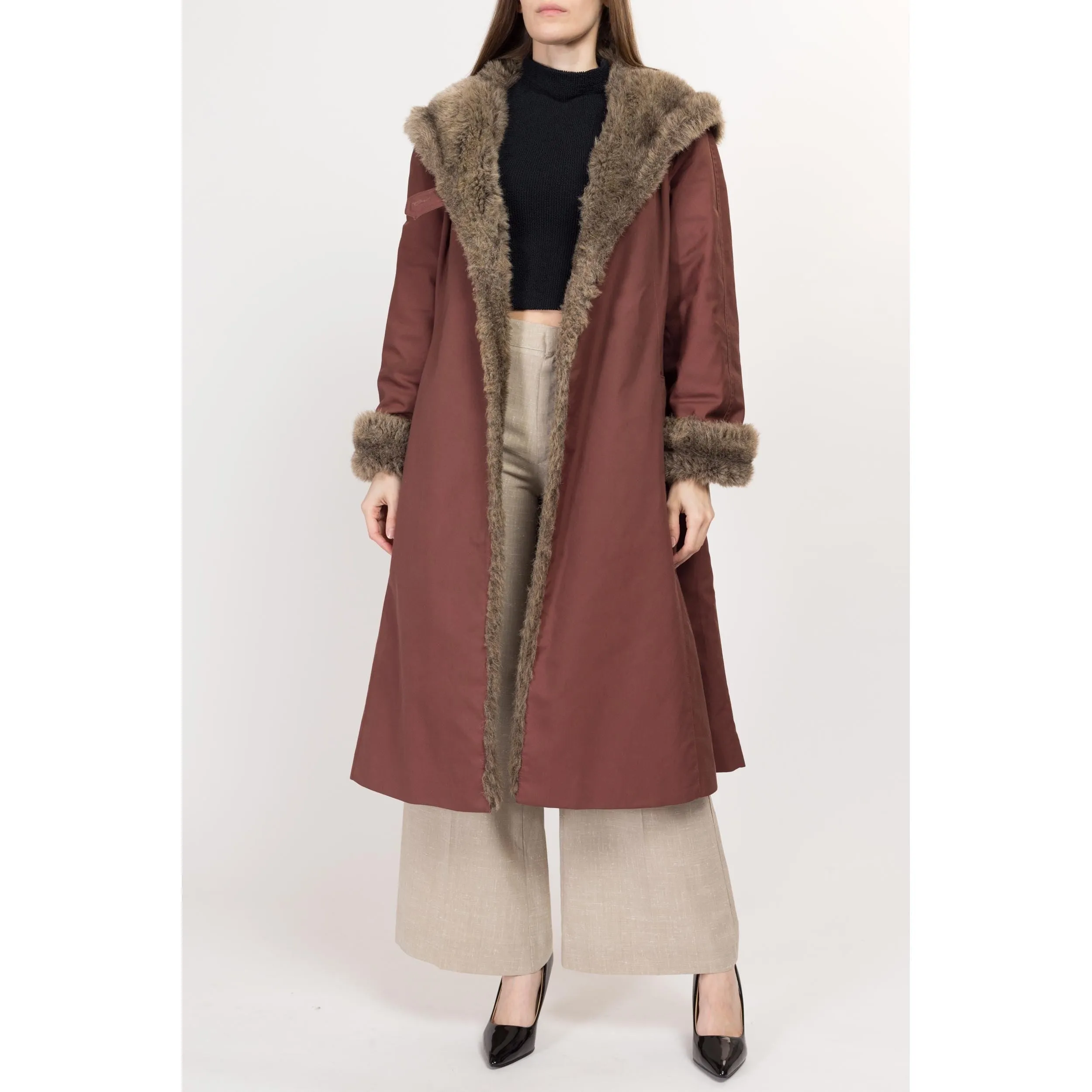 Medium 70s Mauve Hooded Faux Fur Trim Coat
