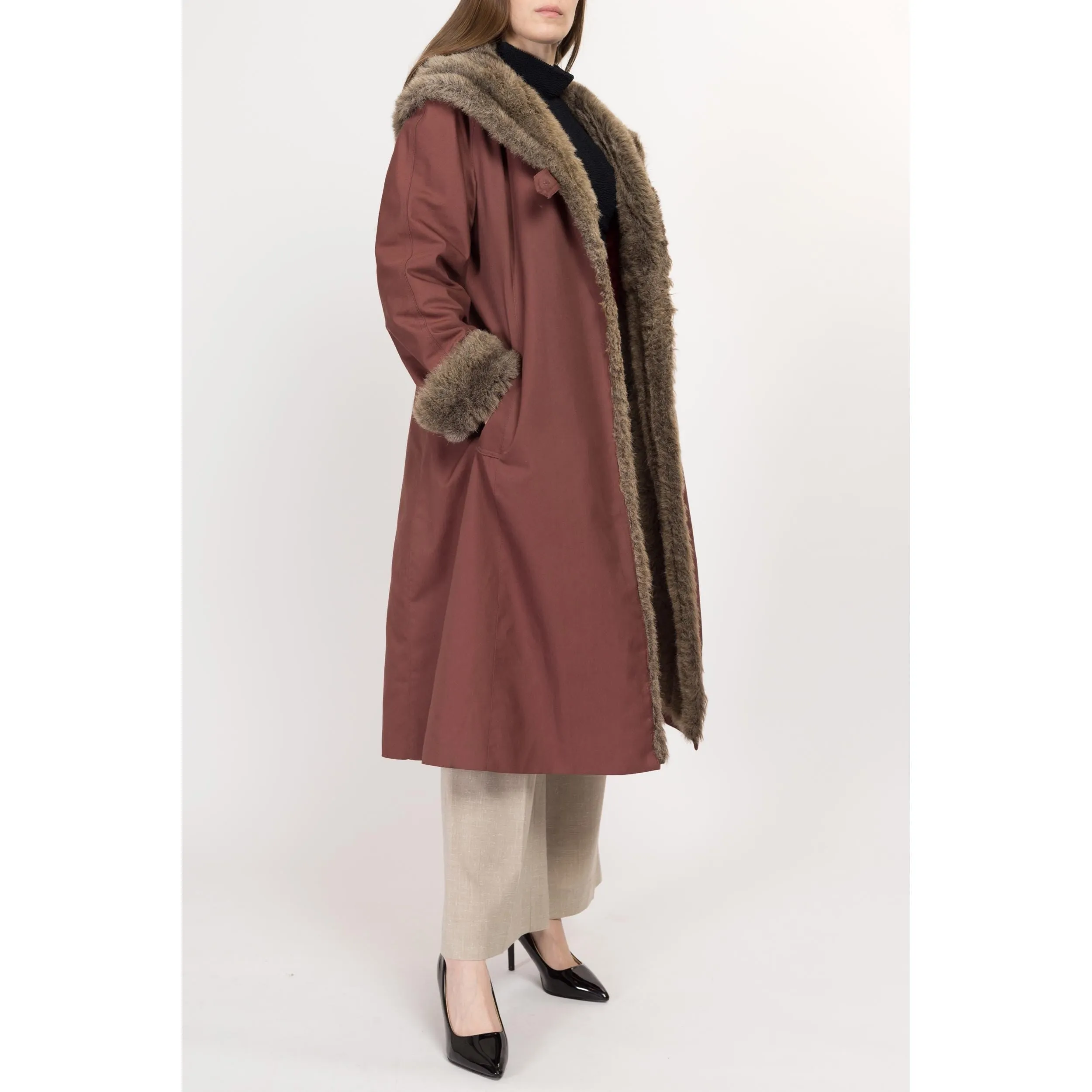 Medium 70s Mauve Hooded Faux Fur Trim Coat