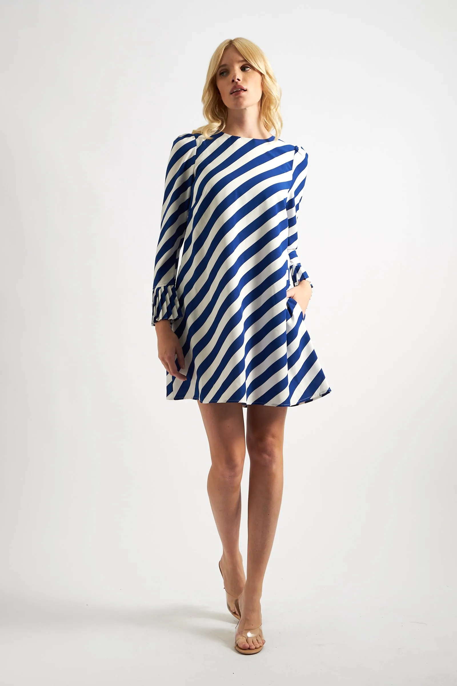 Megann Diagonal Lines Print Pleated Cuff Mini Dress - Blue
