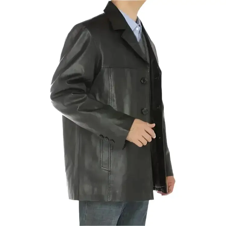 Men's Black Lambskin Leather Overcoat Blazer Jacket
