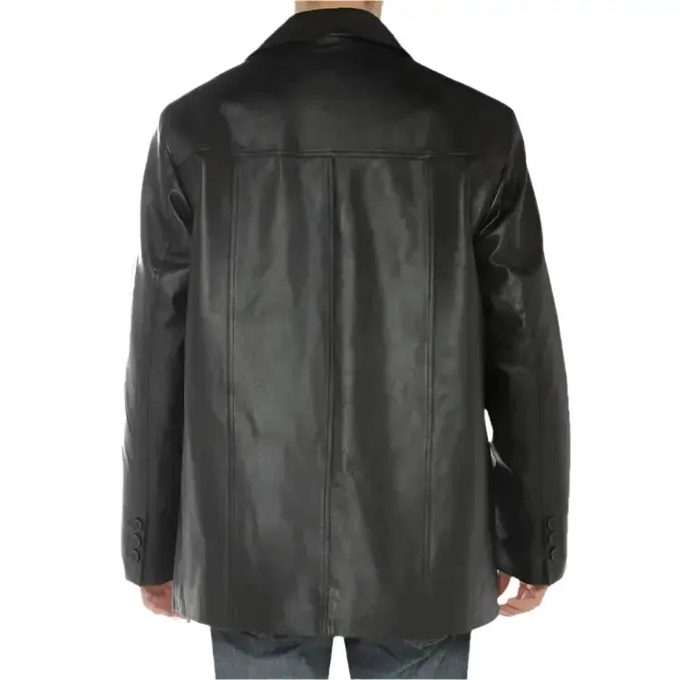 Men's Black Lambskin Leather Overcoat Blazer Jacket
