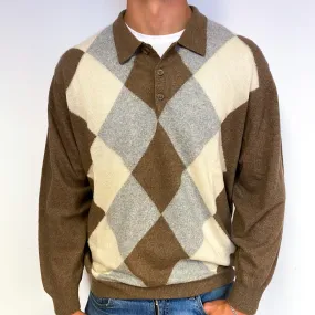 Men's Cream and Grey Diamond Cashmere Quarter Button Jumper XXL