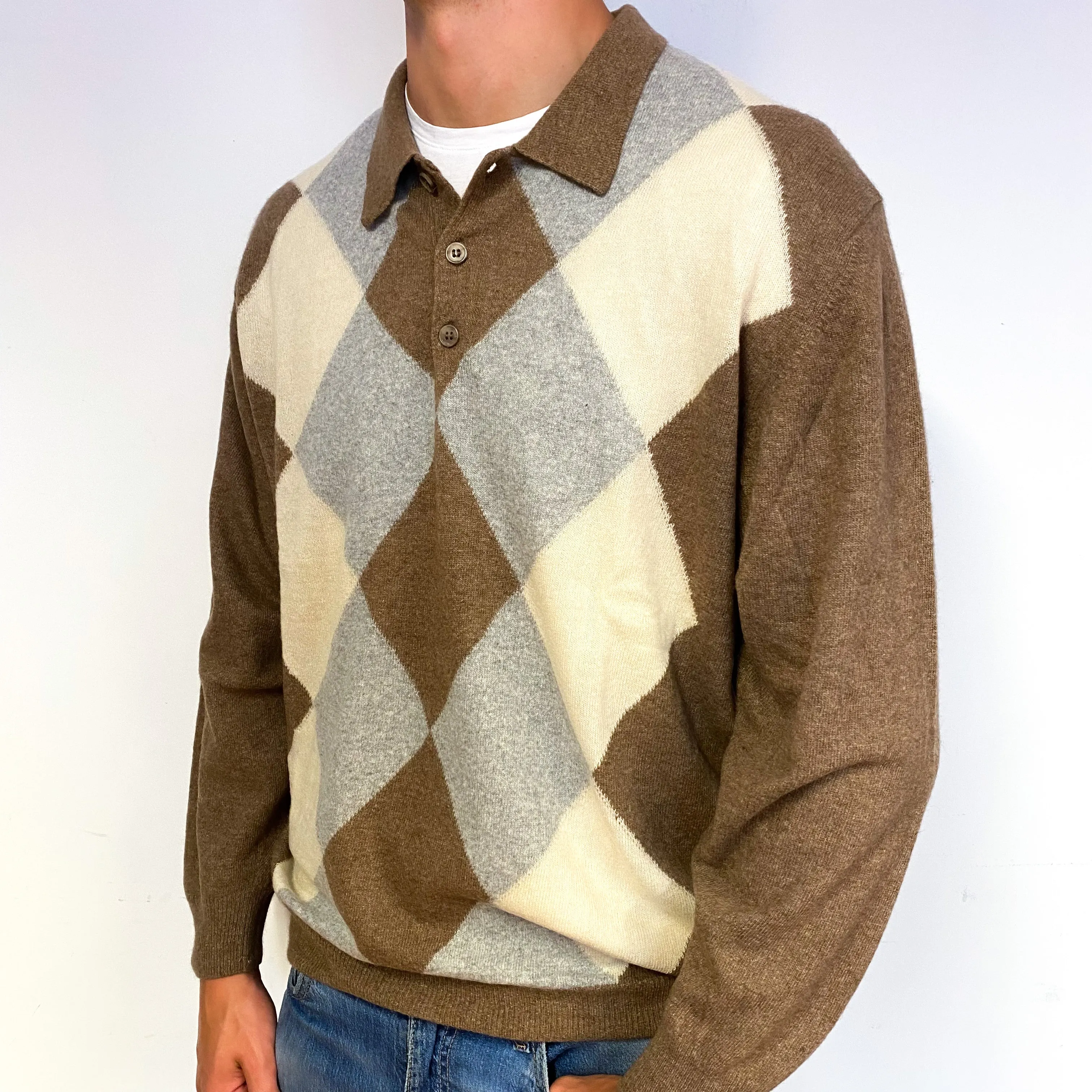 Men's Cream and Grey Diamond Cashmere Quarter Button Jumper XXL