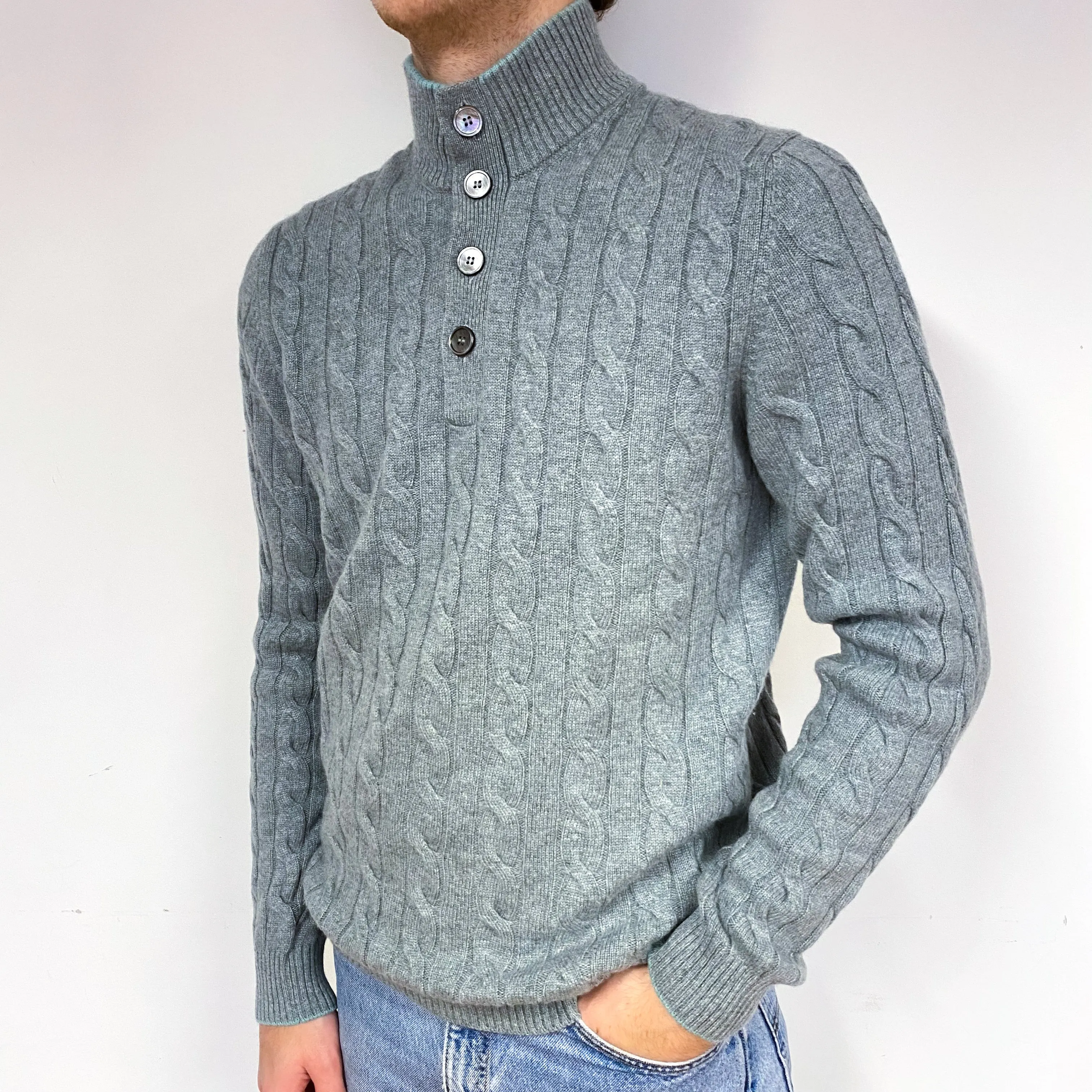 Men's Italian Green Grey Cashmere 1/4 Button Jumper Large