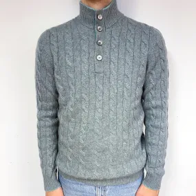 Men's Italian Green Grey Cashmere 1/4 Button Jumper Large