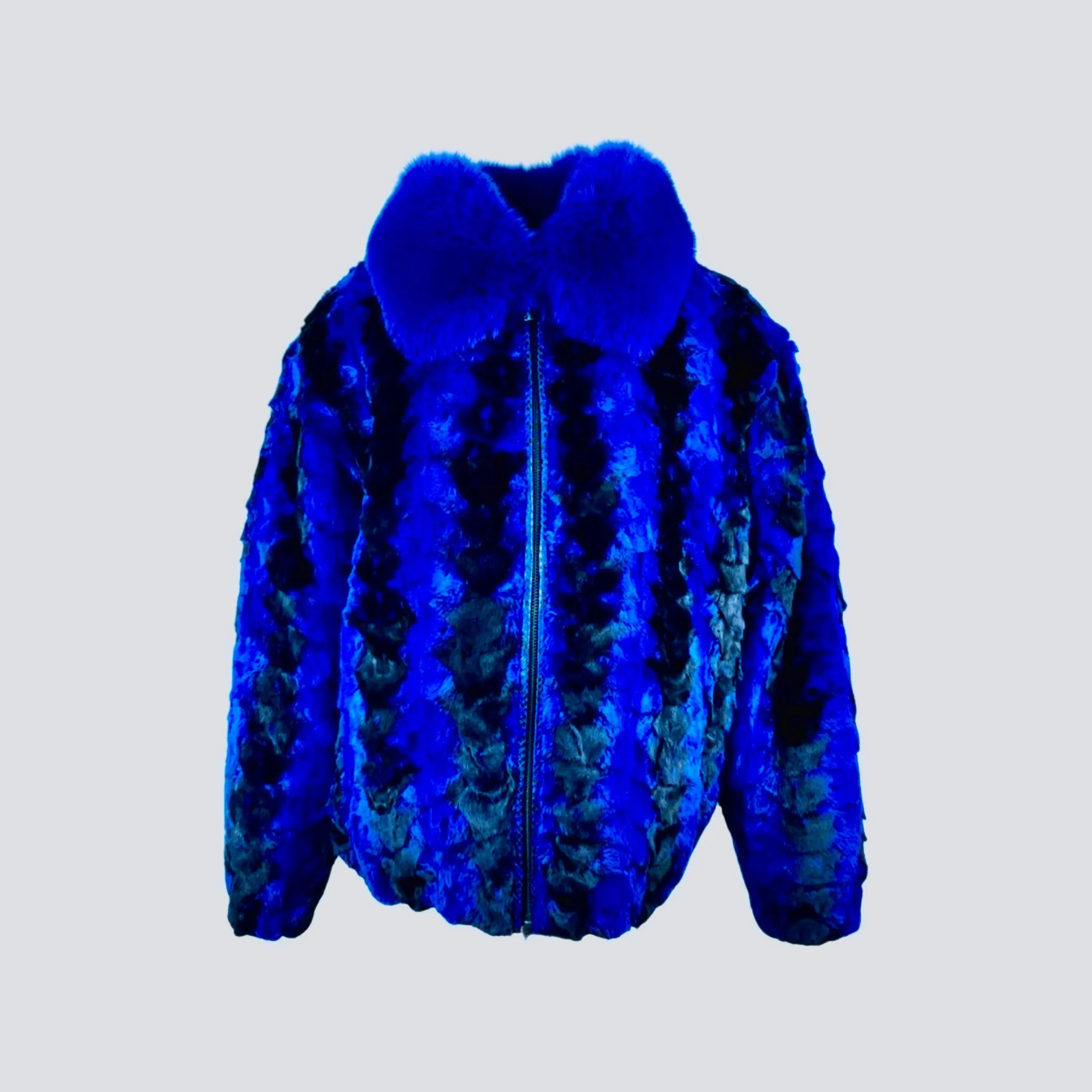 Men's Mink Section Royal Blue / Black Bomber Jacket with Fox Collar Style #7361