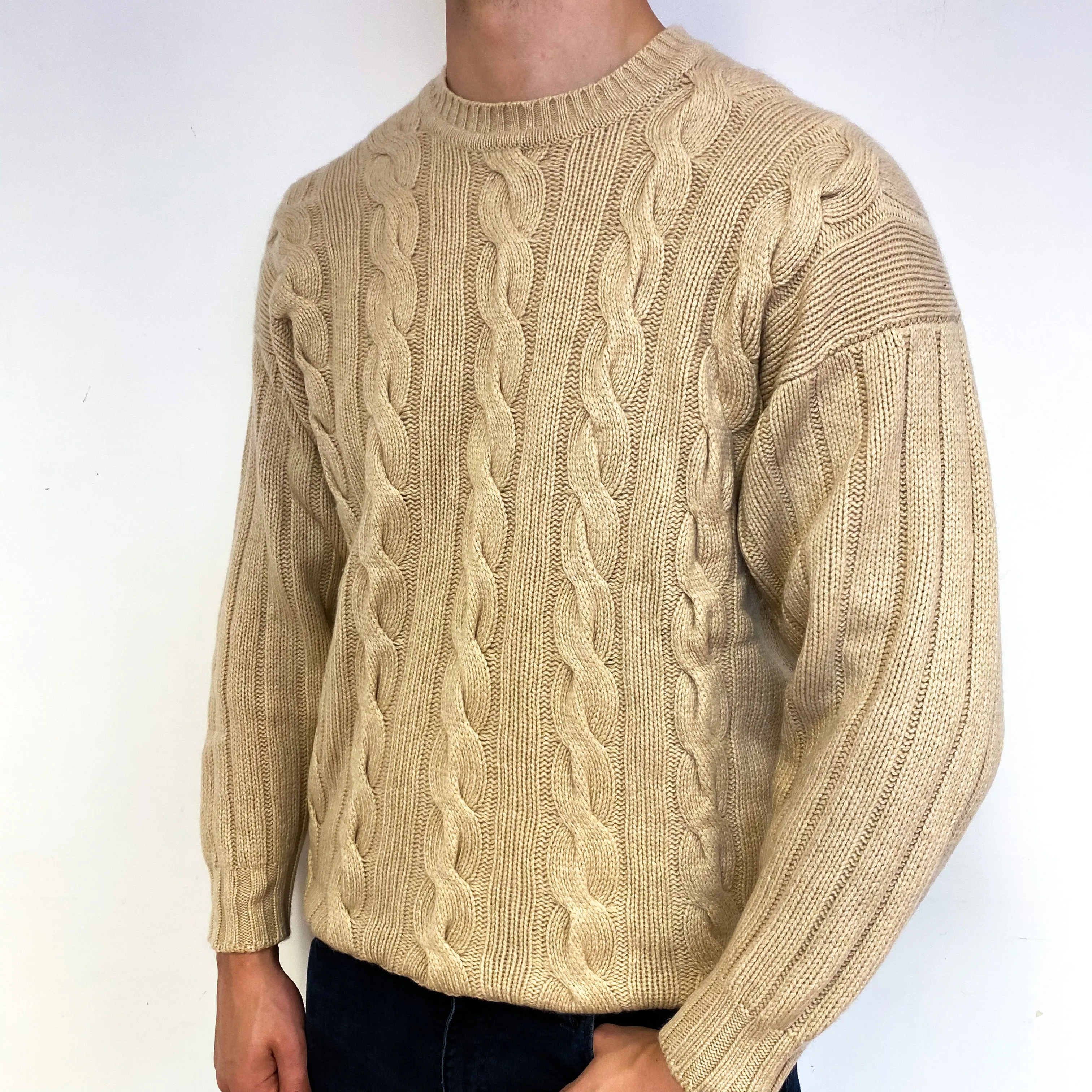 Men's Vintage Pringle Beige Cable Cashmere Crew Neck Jumper Extra Large