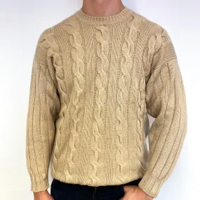 Men's Vintage Pringle Beige Cable Cashmere Crew Neck Jumper Extra Large