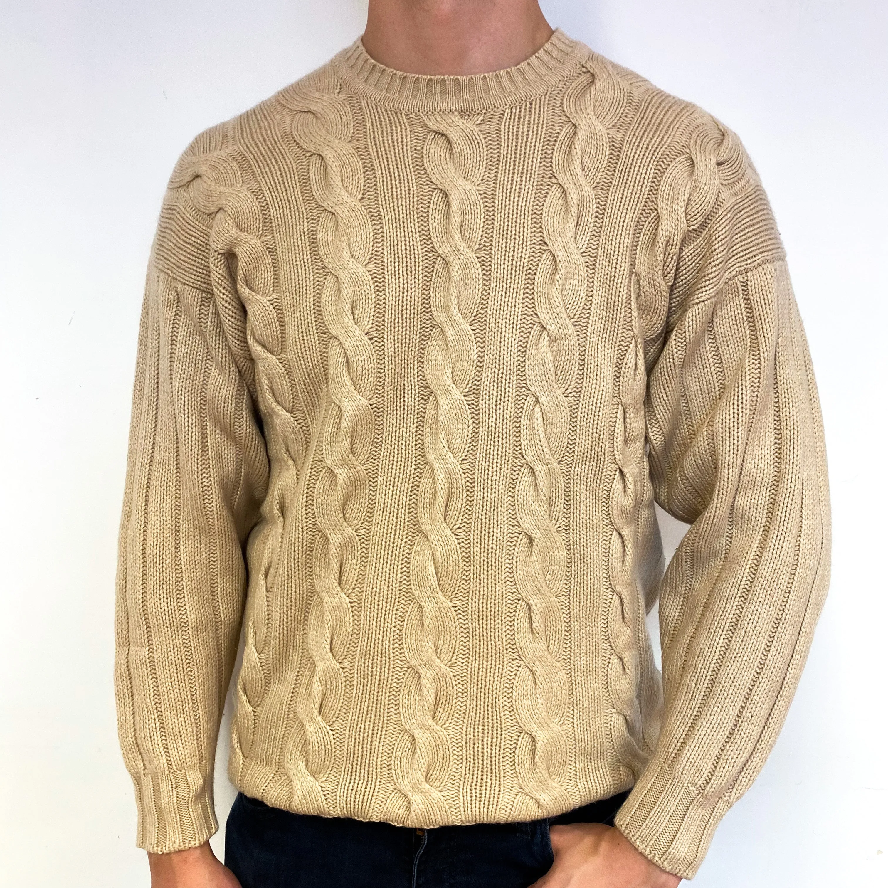 Men's Vintage Pringle Beige Cable Cashmere Crew Neck Jumper Extra Large