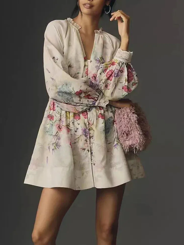 Metaversmall Casual Floral Printing Mini Dress For Women V Neck Patchwork Fungus Lantern Sleeve High Waist Pleated Dresses Female Fashion