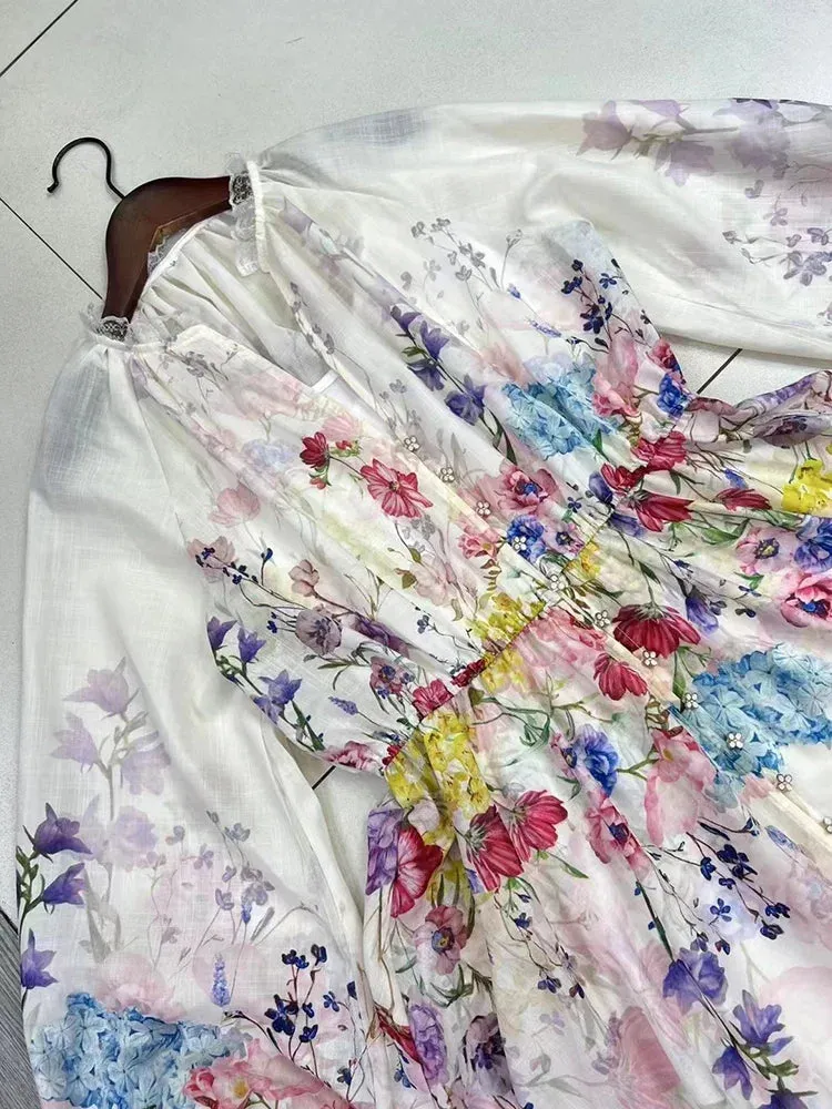 Metaversmall Casual Floral Printing Mini Dress For Women V Neck Patchwork Fungus Lantern Sleeve High Waist Pleated Dresses Female Fashion