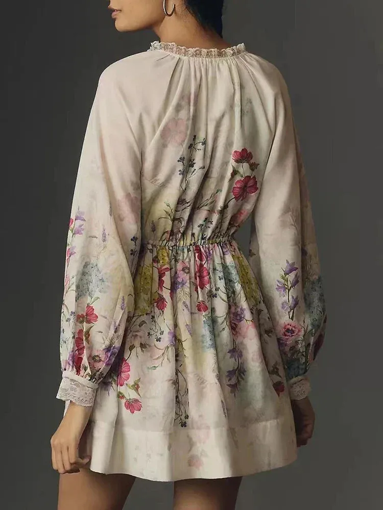 Metaversmall Casual Floral Printing Mini Dress For Women V Neck Patchwork Fungus Lantern Sleeve High Waist Pleated Dresses Female Fashion