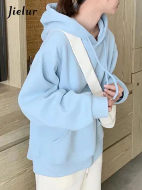 Metaversmall Korean Style Pure Color Casual Female Sweatshirt Autumn Sweet Streetwear Hooded Chic Pockets Simple Women's Sweatshirts