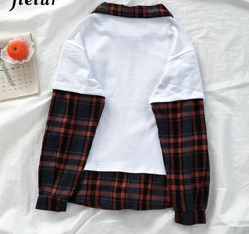 Metaversmall Plaid Patchwork Sweatshirt Women Fake Two Pieces Gray Black White Hoodies Street Fashion Loose Polo Female Sweatshirts