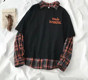 Metaversmall Plaid Patchwork Sweatshirt Women Fake Two Pieces Gray Black White Hoodies Street Fashion Loose Polo Female Sweatshirts