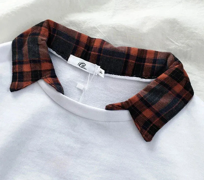 Metaversmall Plaid Patchwork Sweatshirt Women Fake Two Pieces Gray Black White Hoodies Street Fashion Loose Polo Female Sweatshirts