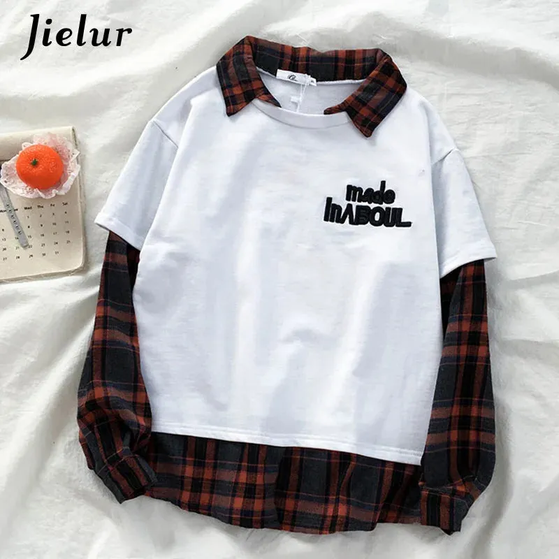 Metaversmall Plaid Patchwork Sweatshirt Women Fake Two Pieces Gray Black White Hoodies Street Fashion Loose Polo Female Sweatshirts