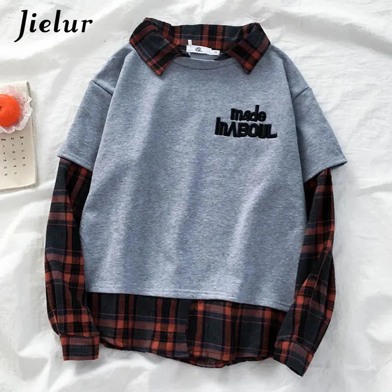 Metaversmall Plaid Patchwork Sweatshirt Women Fake Two Pieces Gray Black White Hoodies Street Fashion Loose Polo Female Sweatshirts