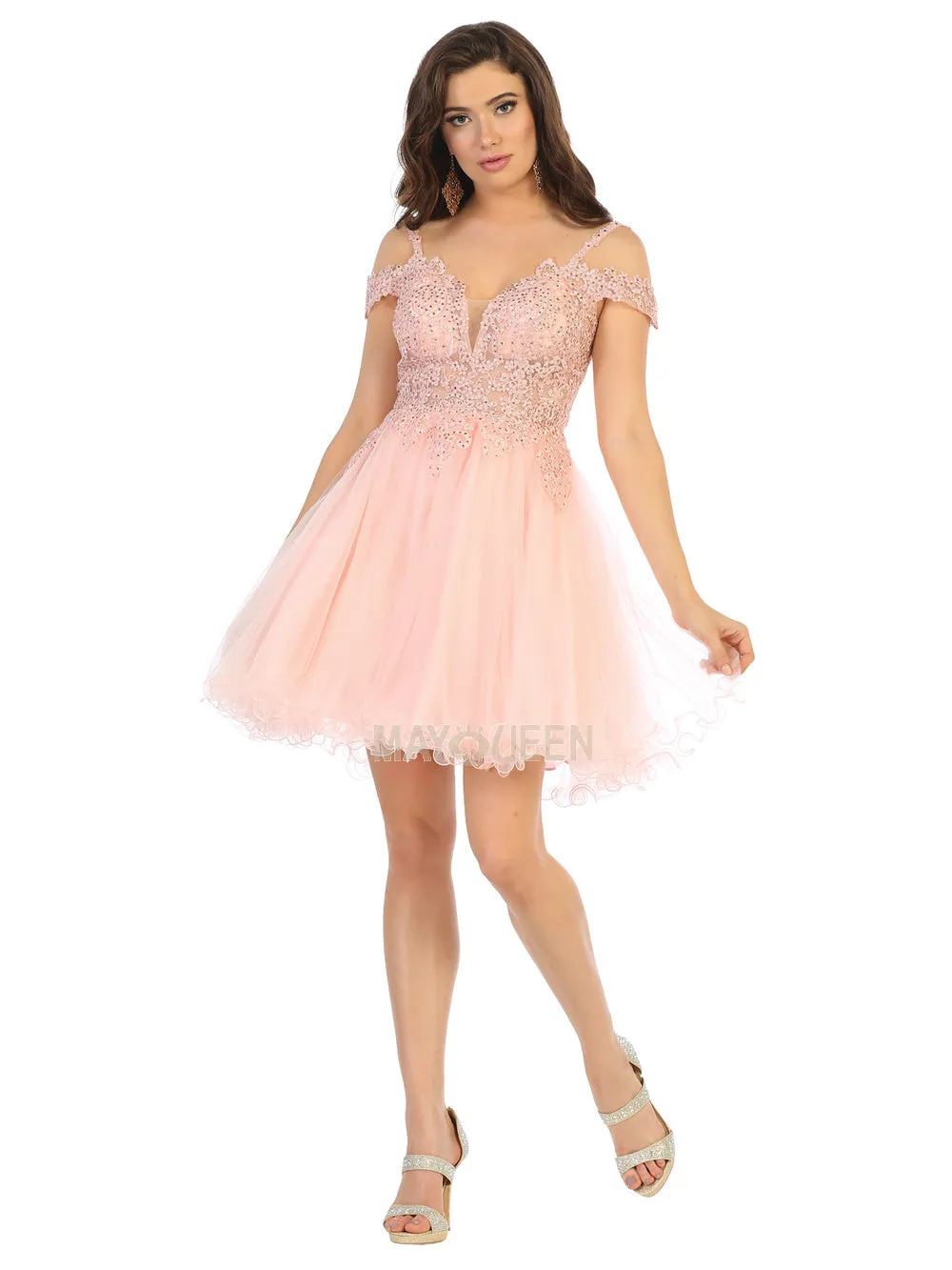 MQ 1668 - Cold Shoulder A-Line Homecoming Dress with Sheer Lace Embroidered Sweetheart Bodice & Layered Tulle Skirt