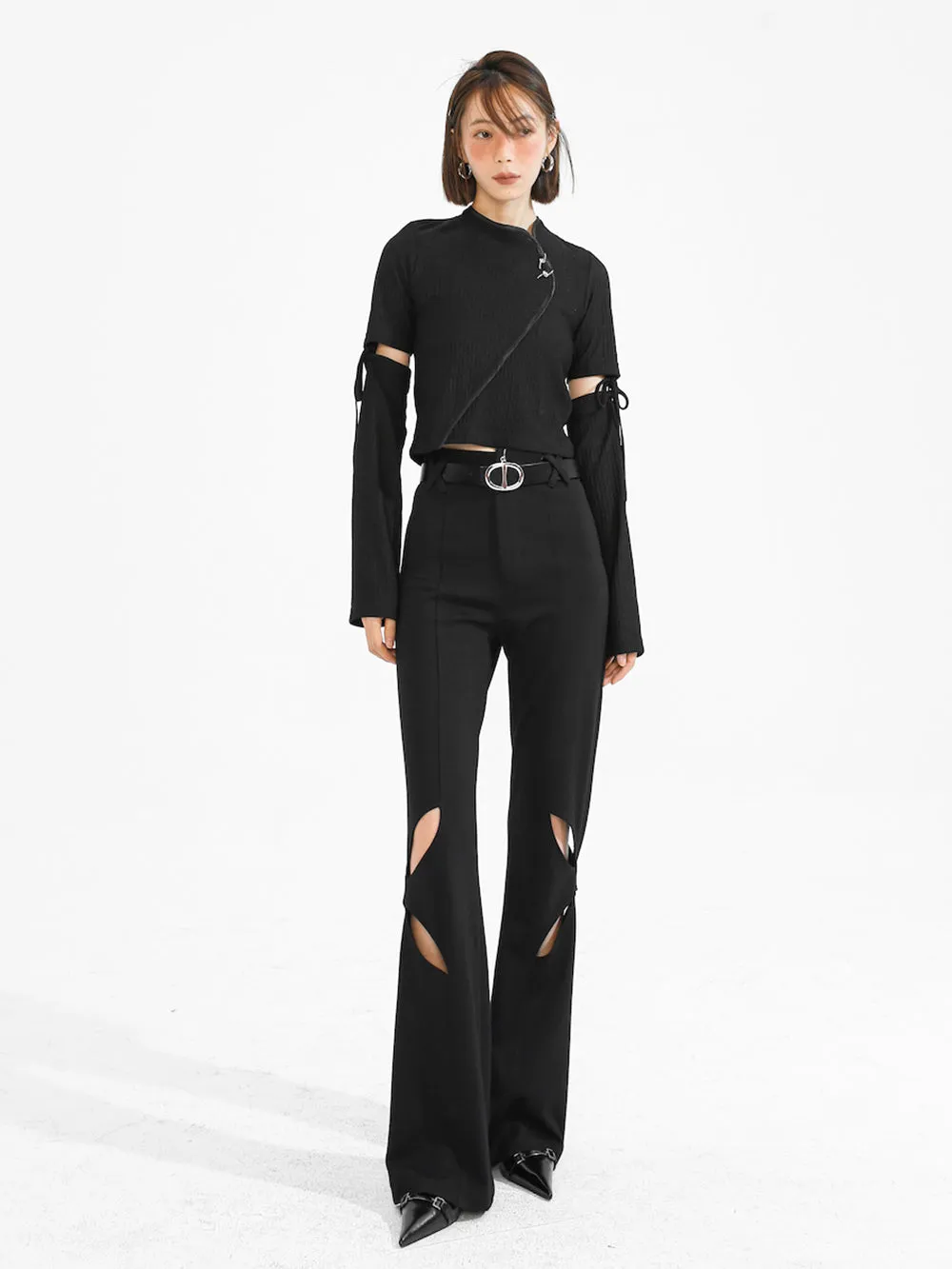 MUKTANK×TWOPLUMGIRLS Willow Leaf Hollow Slim Black Flared Trousers