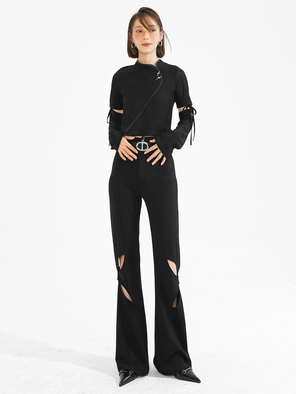 MUKTANK×TWOPLUMGIRLS Willow Leaf Hollow Slim Black Flared Trousers