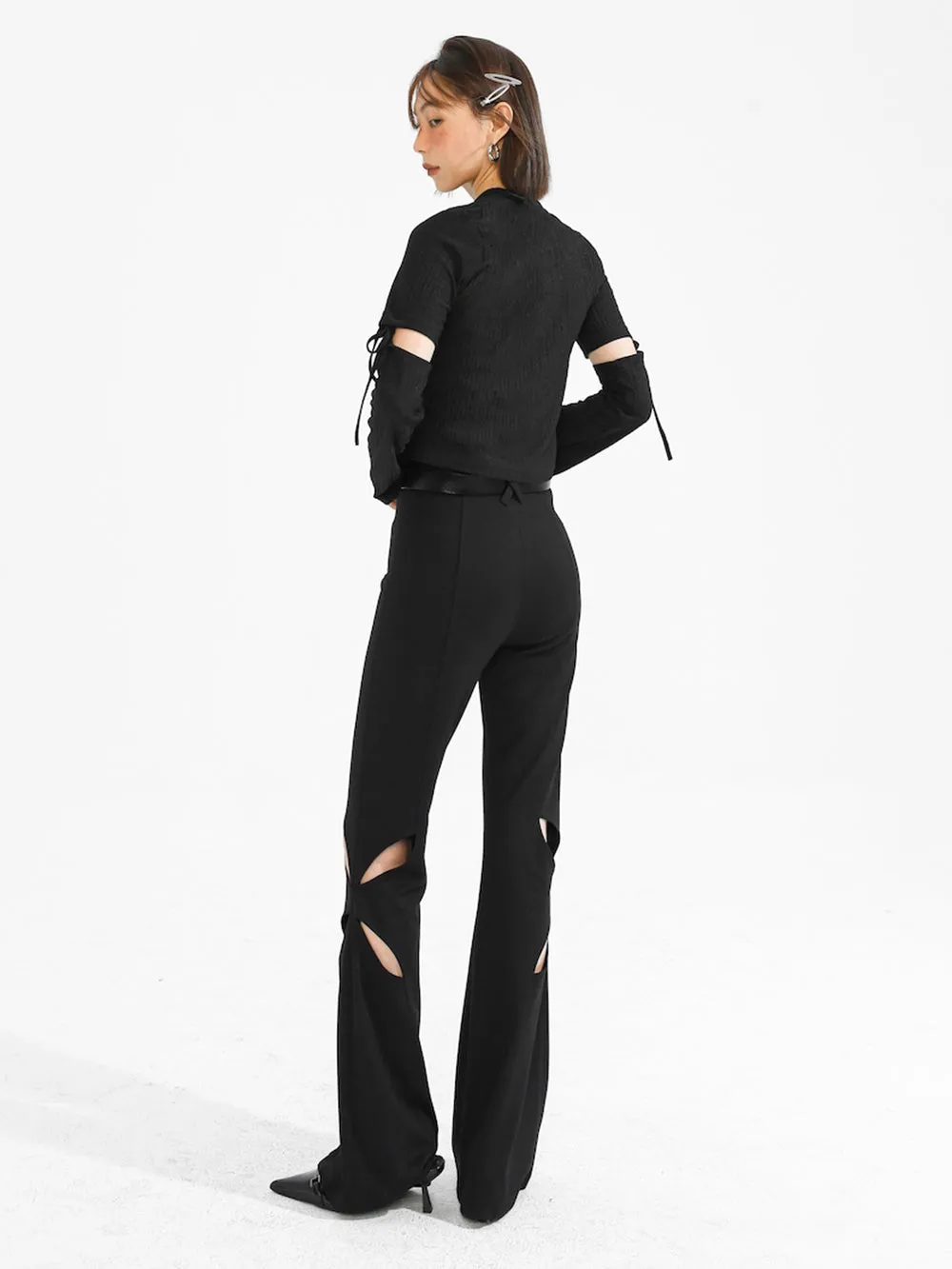 MUKTANK×TWOPLUMGIRLS Willow Leaf Hollow Slim Black Flared Trousers