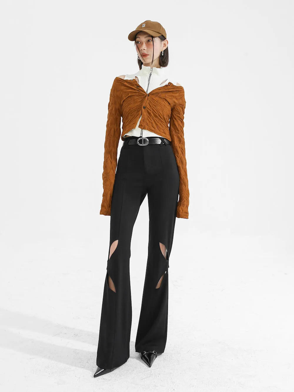 MUKTANK×TWOPLUMGIRLS Willow Leaf Hollow Slim Black Flared Trousers