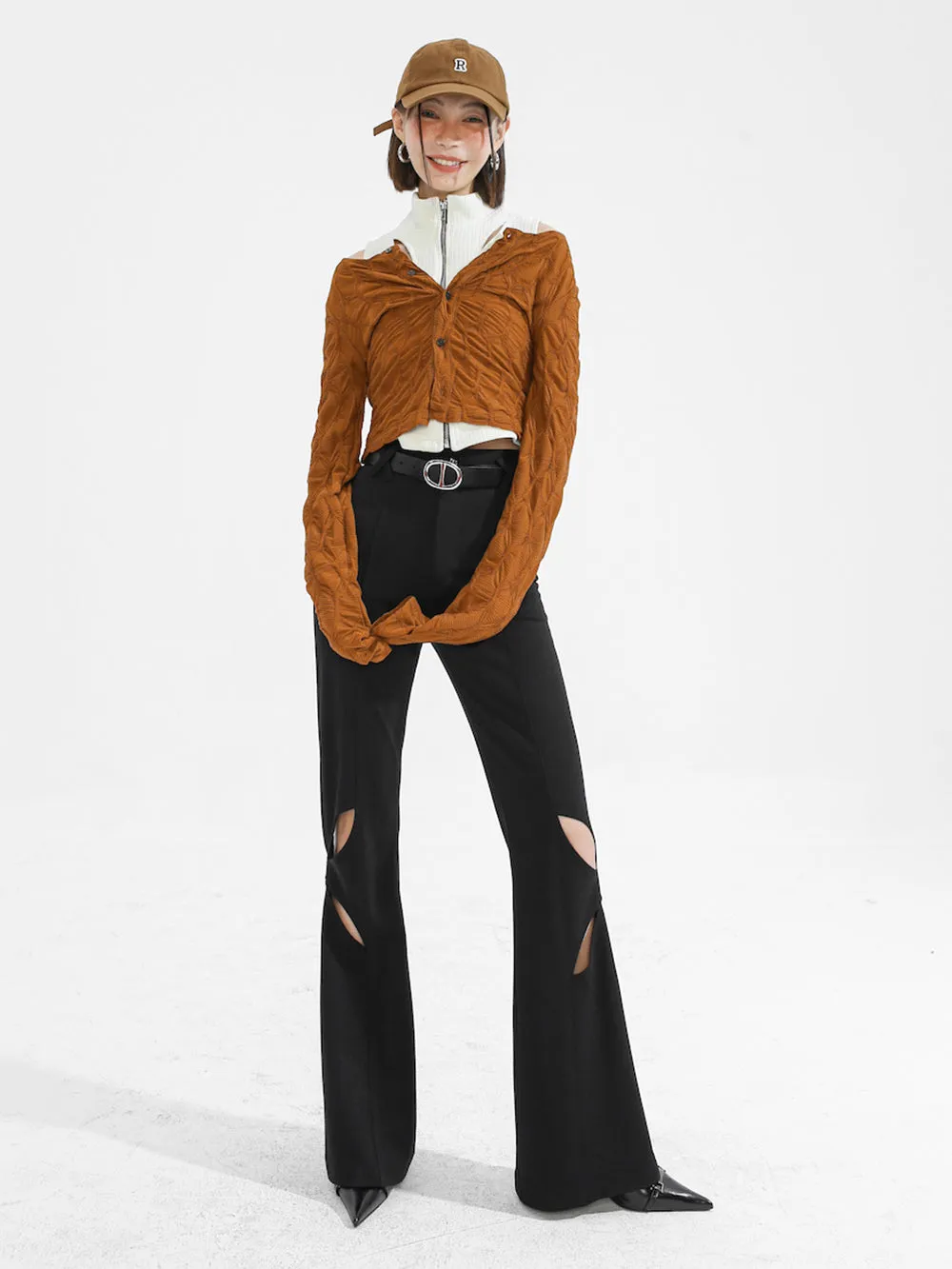 MUKTANK×TWOPLUMGIRLS Willow Leaf Hollow Slim Black Flared Trousers