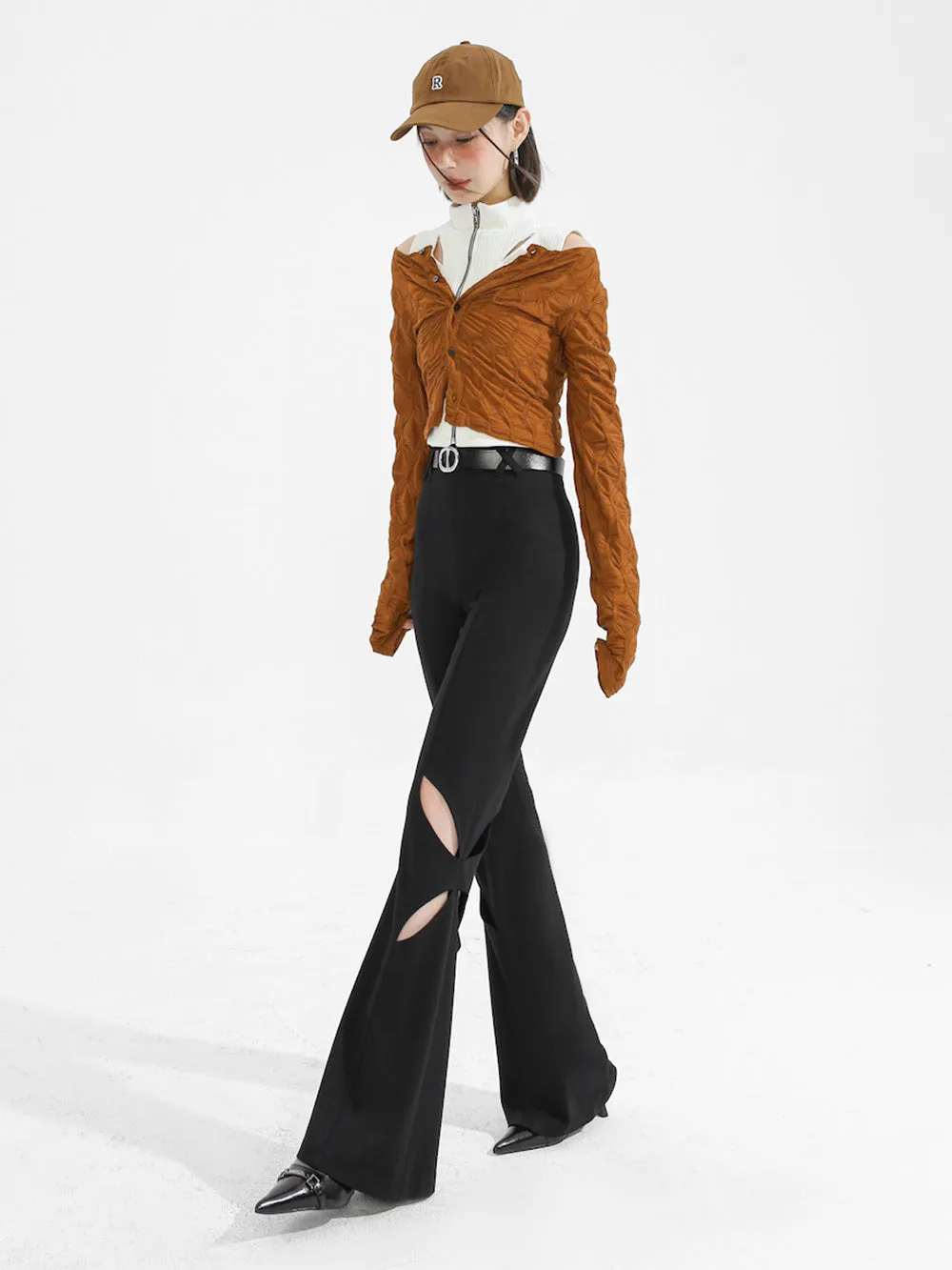 MUKTANK×TWOPLUMGIRLS Willow Leaf Hollow Slim Black Flared Trousers