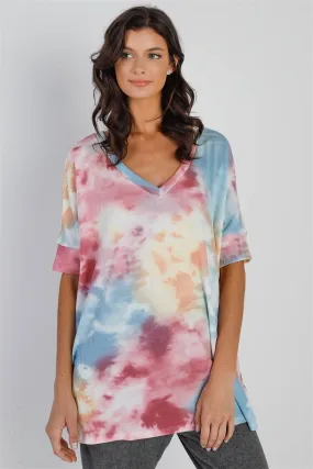 Multi Color Tie-Dye Waffle Knit Short Sleeve Top /1-1-1