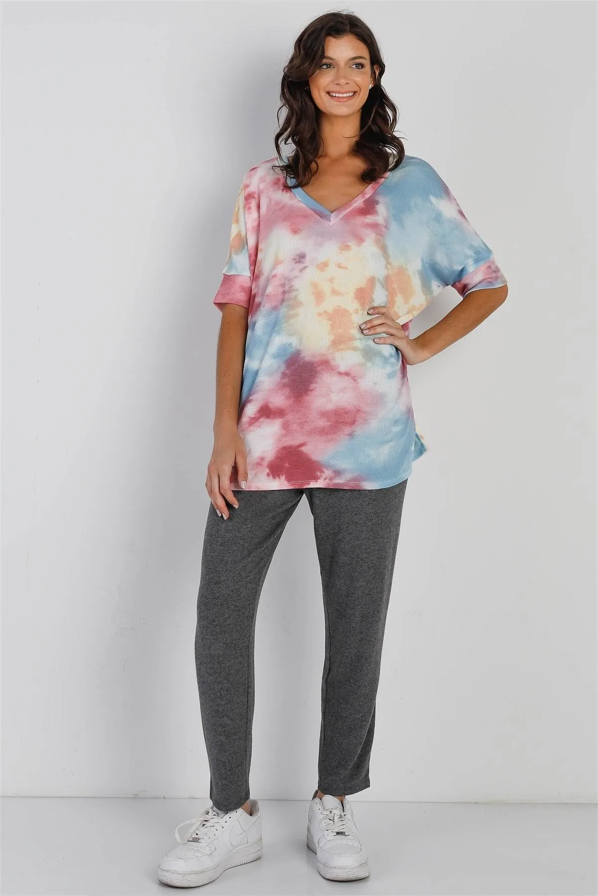 Multi Color Tie-Dye Waffle Knit Short Sleeve Top /1-1-1