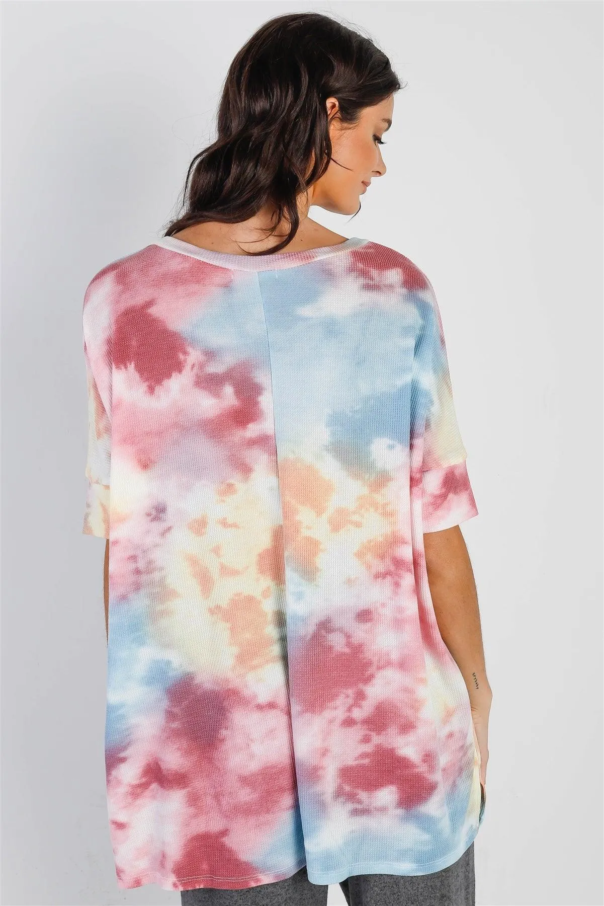 Multi Color Tie-Dye Waffle Knit Short Sleeve Top /1-1-1