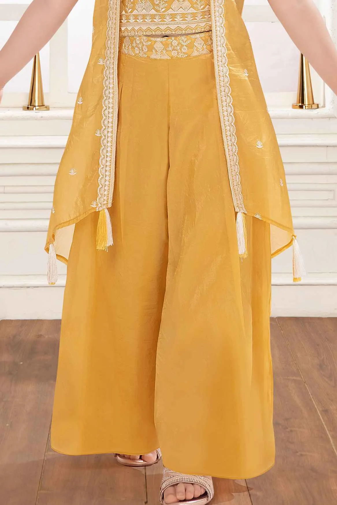 Mustard Sequins Work And Thread Work Palazzo Set With Overcoat For Girls