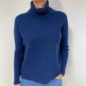 Navy Blue Ribbed Cashmere Polo Neck Jumper Medium