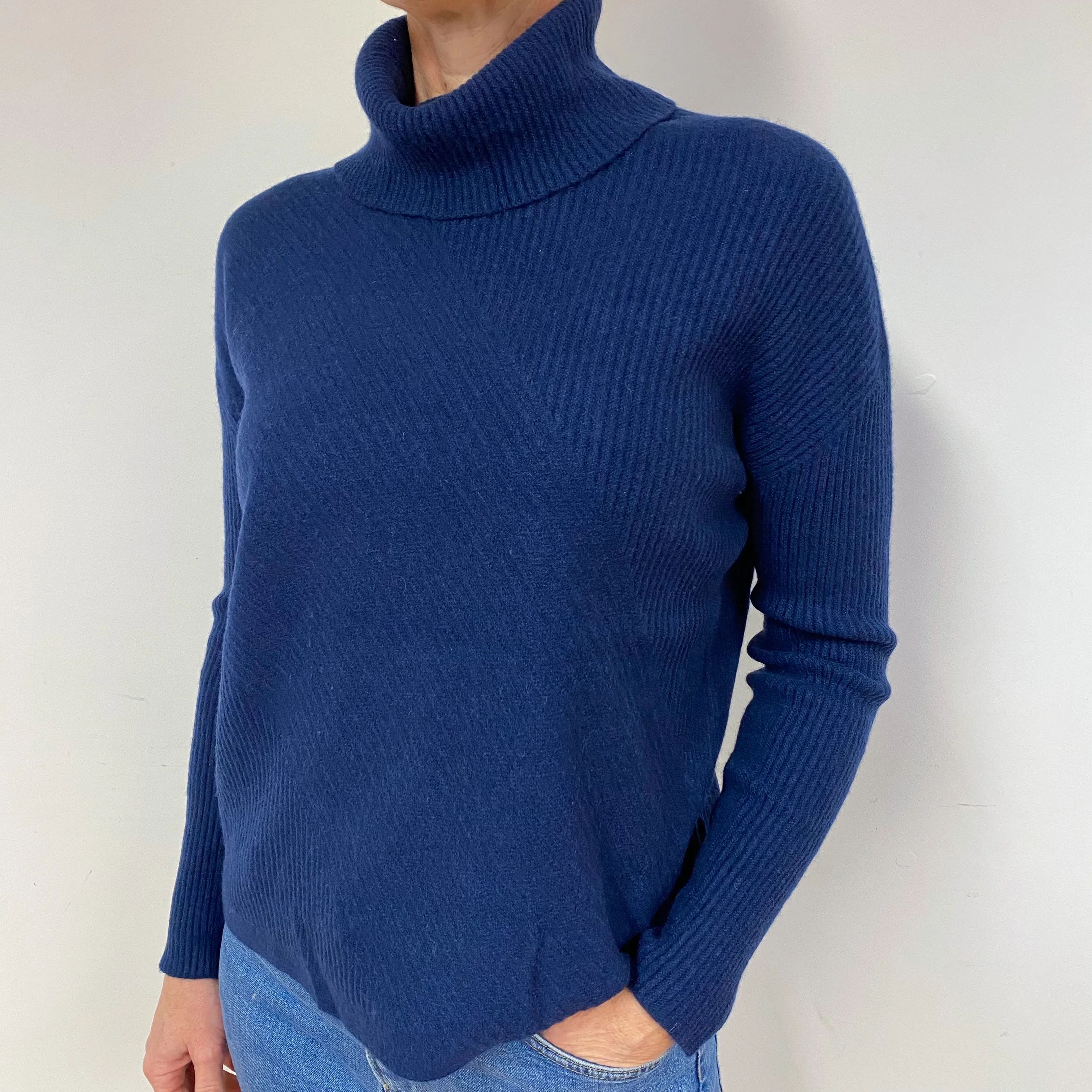 Navy Blue Ribbed Cashmere Polo Neck Jumper Medium