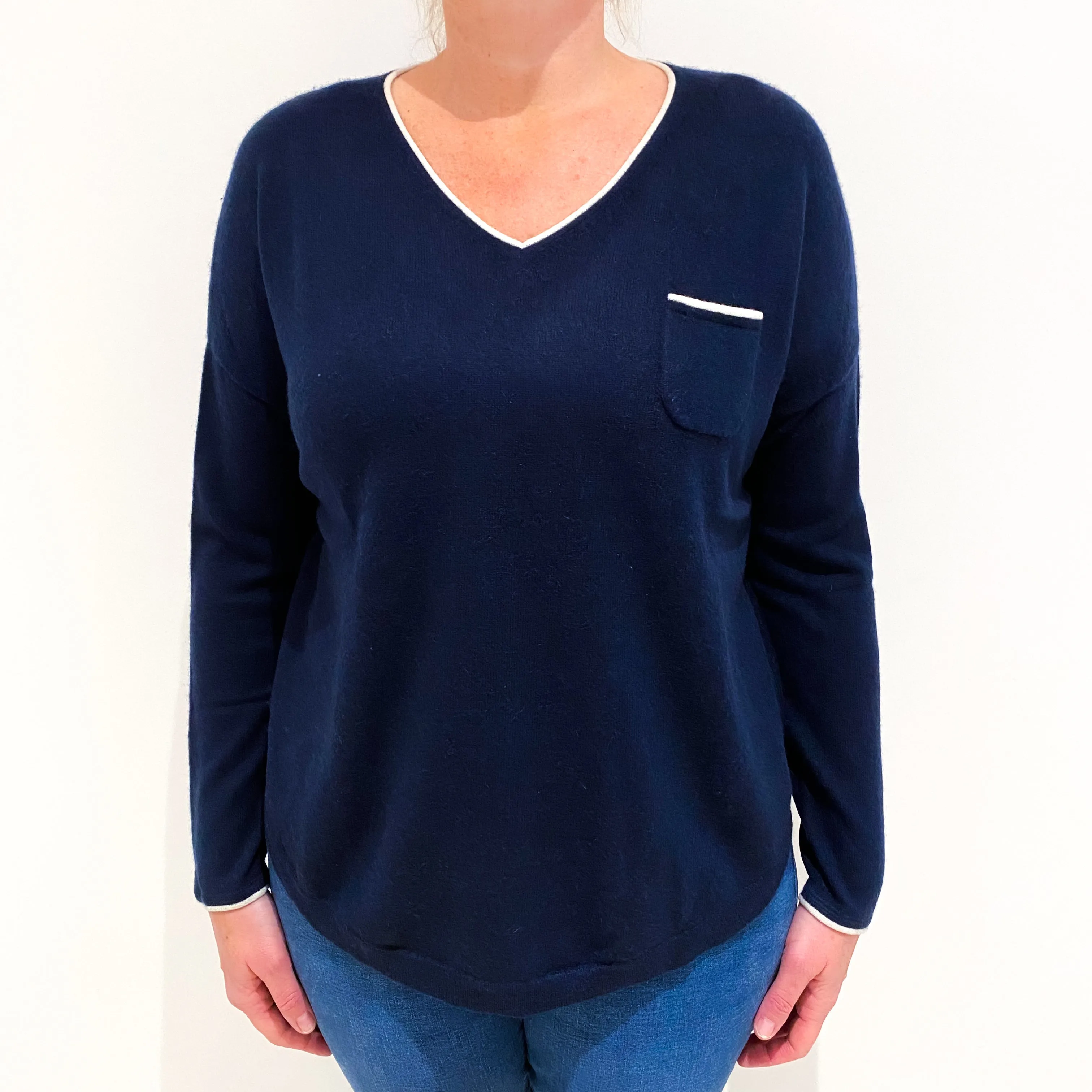 Navy Blue Slouchy Cashmere V-Neck Jumper Large