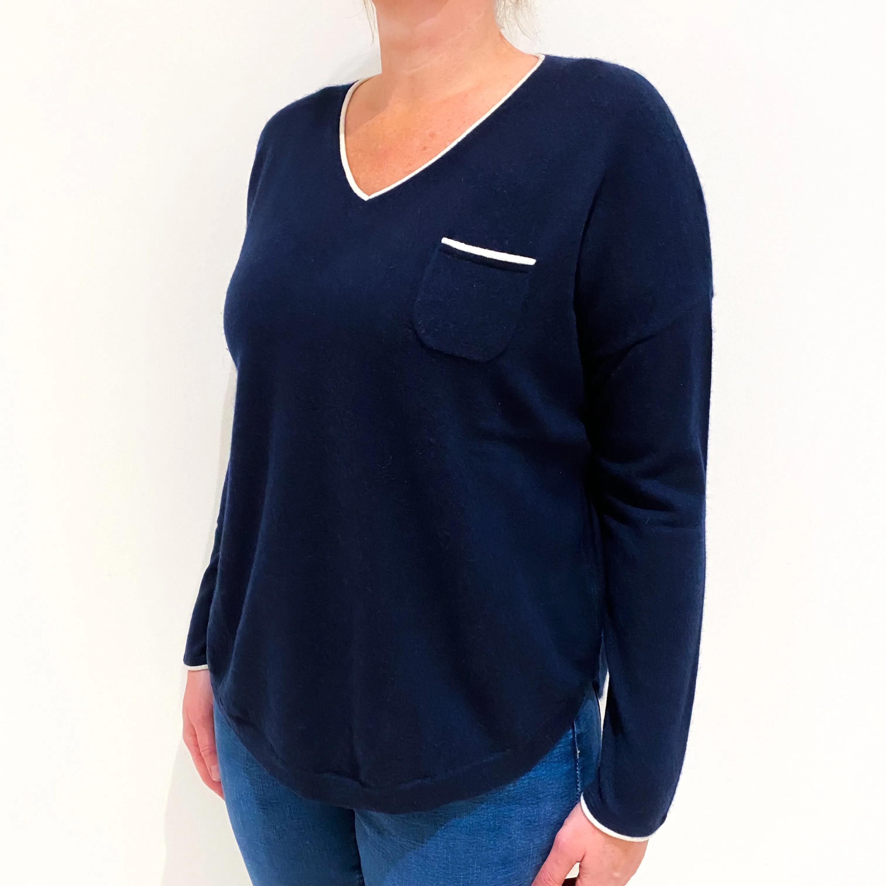 Navy Blue Slouchy Cashmere V-Neck Jumper Large