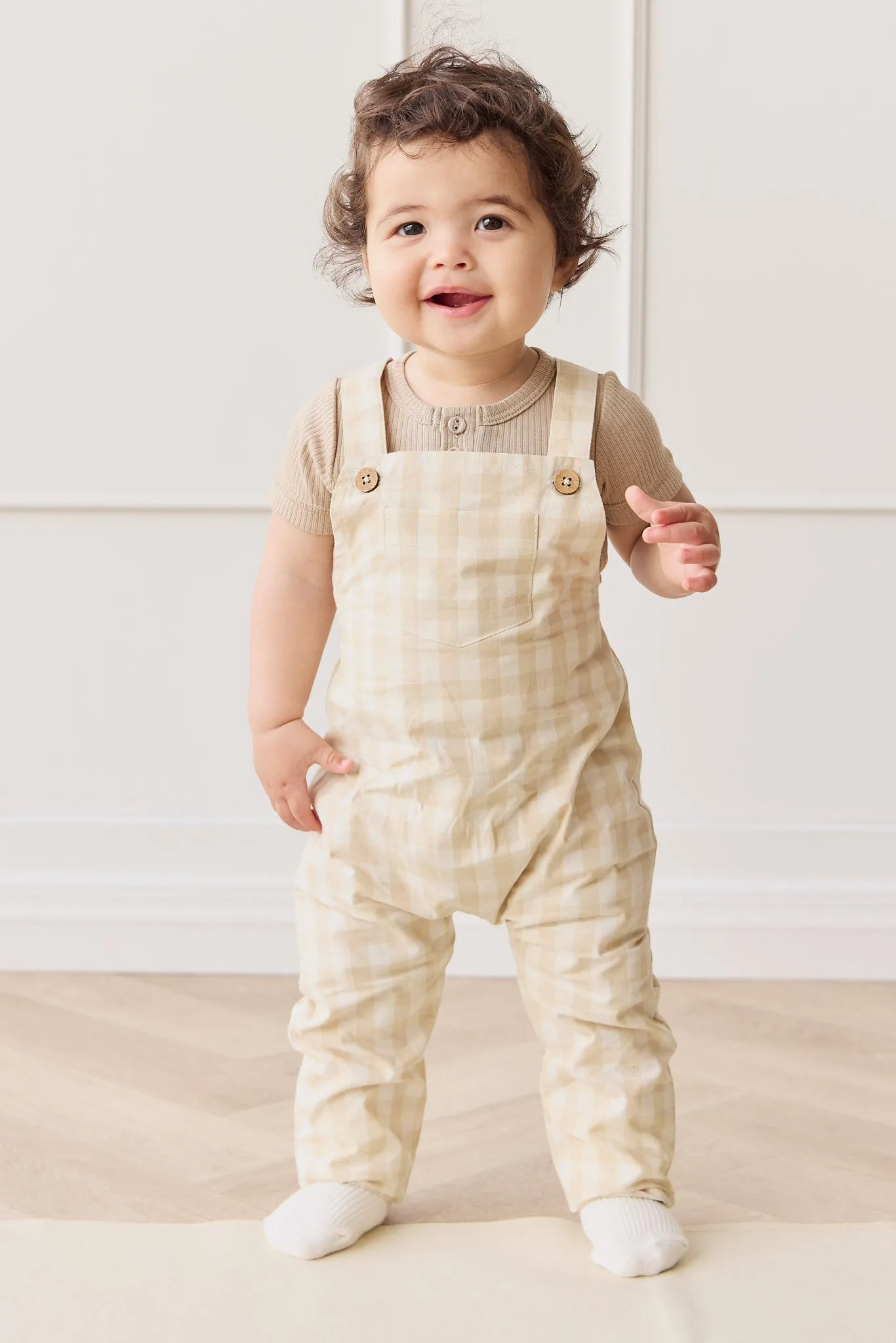 Organic Cotton Kingston Overall - Gingham Pale Khaki