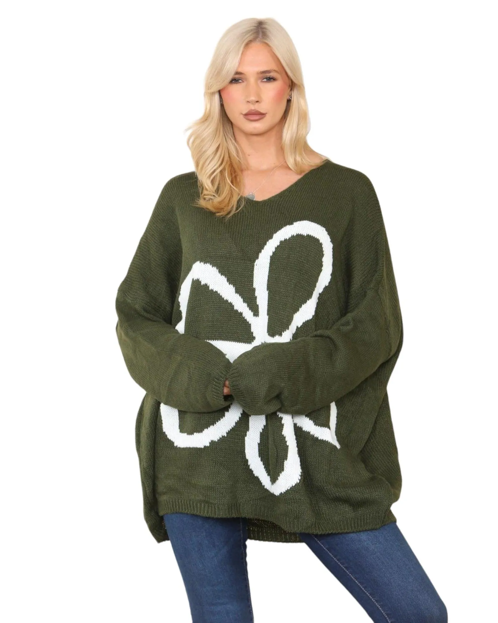 Oversized  Long Sleeve Floral Print  Knitted Jumper Top