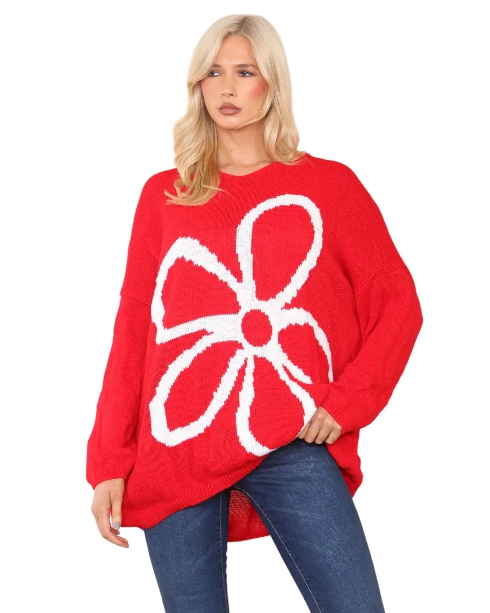 Oversized  Long Sleeve Floral Print  Knitted Jumper Top
